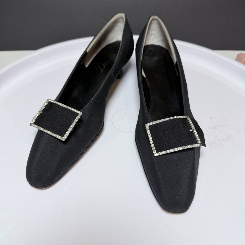 Vintage Dorina Black Satin Kitten Heel Pumps Rhinestone Buckle 9.5 AA 1940s 50s